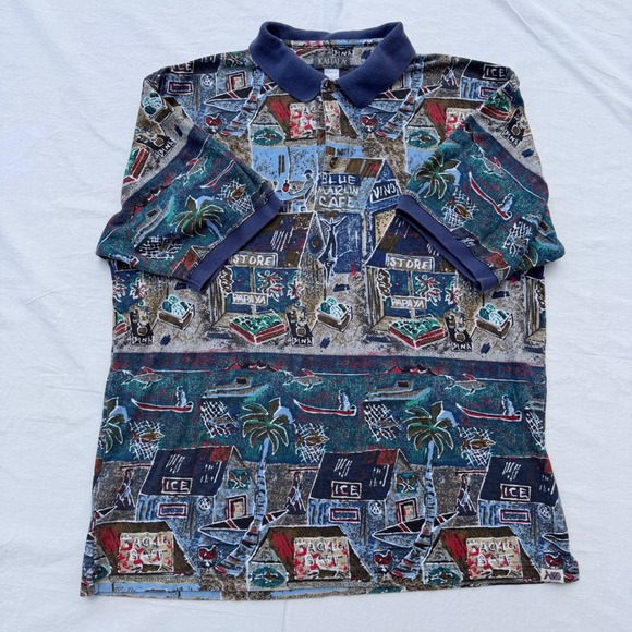 Kahala Other - Vintage 90s Kahala Hawaiian Polo Shirt Mens Large Blue Marlin Cafe AOP